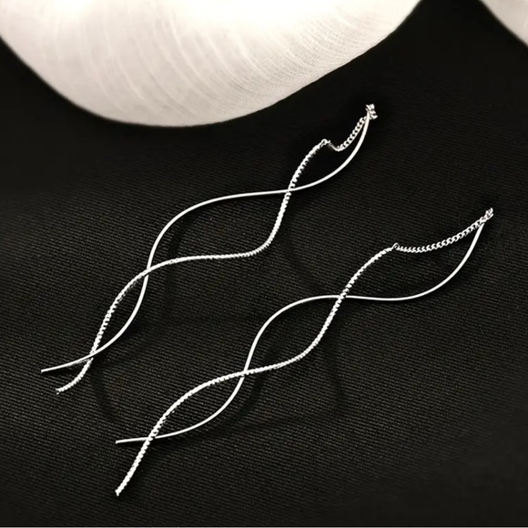 Silver Wavy Tassel Textured Drop Earrings - Picture 5 of 5